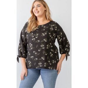 Papermoon Floral Tie Midi Sleeve Boat Neck Back Zipper Relax Top‎ Black Size 3X